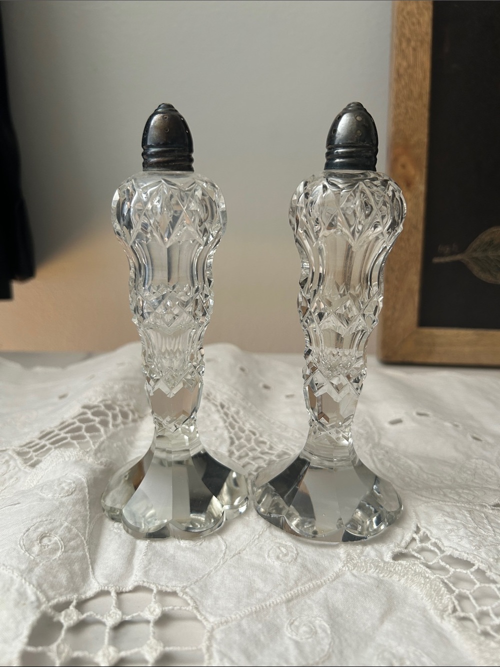 Antique Clear Crystal cut Salt and Pepper Shakers with  Sterling Silver Top